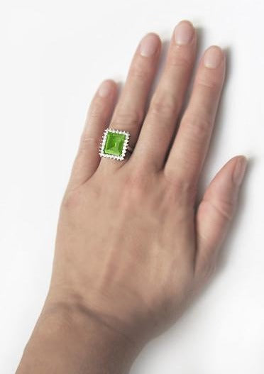 1950's Vintage Large Peridot Statement Ring with Side Diamonds in 18K White Gold on Hand - R1176WPER