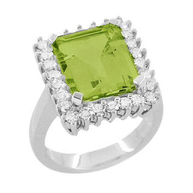 1950's Emerald Cut Peridot Ballerina Ring with Diamonds in 18 Karat White Gold
