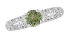 Art Deco Filigree Charlene Green Sapphire Engagement Ring with Side Diamonds in 14 Karat White Gold