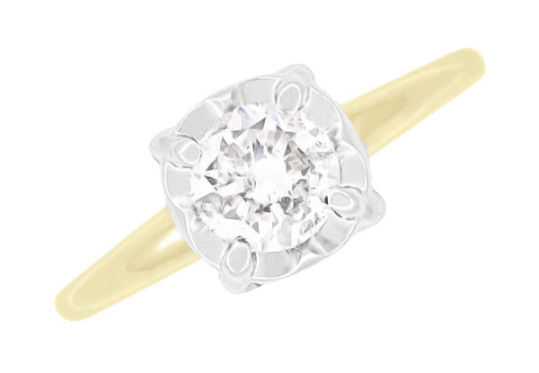 1950's Mixed Metals Illusion Solitaire Vintage Style Diamond Engagement Ring in 14 Karat Two Tone Yellow & White Gold - Item: R1200-LC - Image: 5