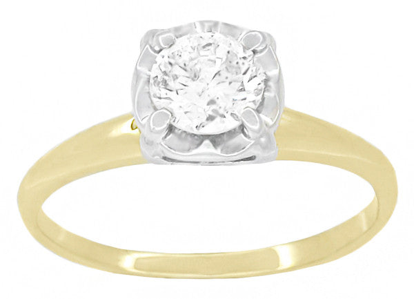 1950's Mixed Metals Illusion Solitaire Vintage Style Diamond Engagement Ring in 14 Karat Two Tone Yellow & White Gold - Item: R1200-LC - Image: 2