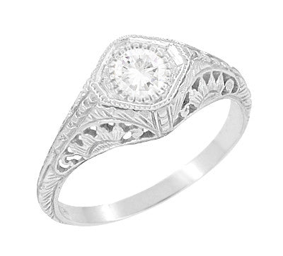 Art Deco 0.27 Carat Diamond Sunflowers Filigree Solitaire Engagement Ring in 14 Karat White Gold