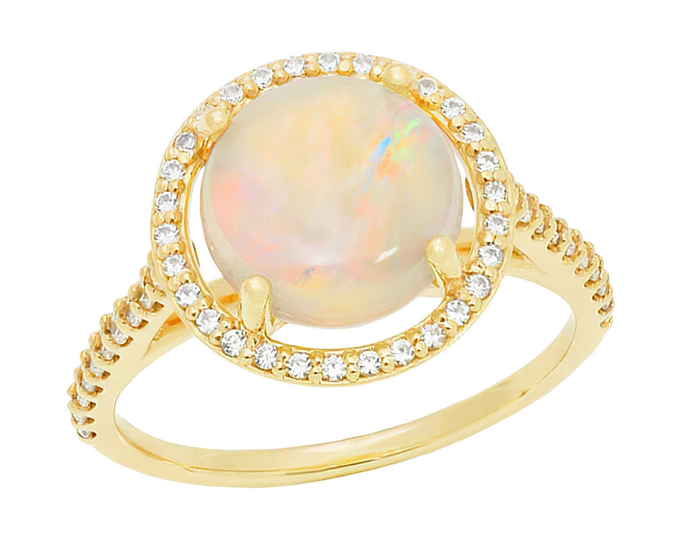 Yellow Gold Cabochon Round Opal Ring with Halo Side Diamonds - 2.60 Carat Opal - Grisey's Ring