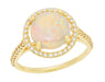 Yellow Gold Cabochon Round Opal Ring with Halo Side Diamonds - 2.60 Carat Opal - Grisey's Ring