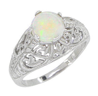 Edwardian Opal Filigree Ring in 14 Karat White Gold