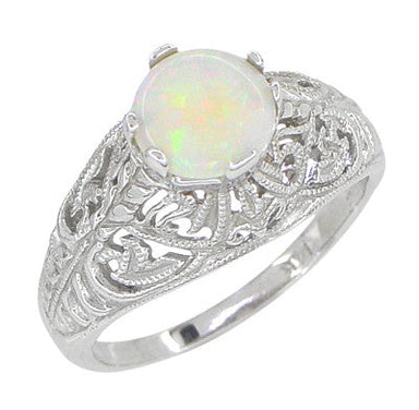Edwardian Opal Filigree Ring in 14 Karat White Gold