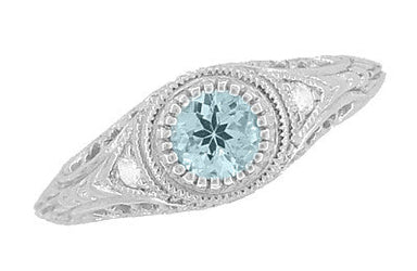 Art Deco Engraved Aquamarine and Diamond Filigree Engagement Ring in White Gold - alternate view