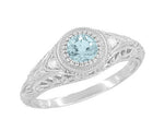 Art Deco Engraved Aquamarine and Diamond Filigree Engagement Ring in White Gold