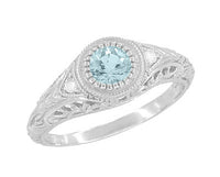 Art Deco Engraved Aquamarine and Diamond Filigree Engagement Ring in White Gold
