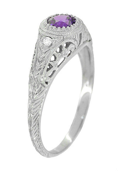 Art Deco Engraved Amethyst and Diamond Filigree Engagement Ring in White Gold - 14K or 18K - alternate view