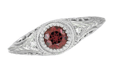 Art Deco Engraved Rhodolite Garnet and Diamond Filigree Engagement Ring in White Gold - Item: R138G - Image: 3
