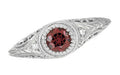 Art Deco Filigree Engraved Platinum Rhodolite Garnet and Side Diamond Engagement Ring