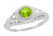 Art Deco Engraved Peridot and Diamond Filigree Engagement Ring in Platinum