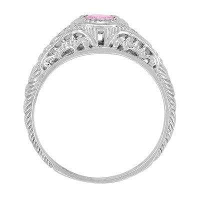 Art Deco Low Dome Engraved Filigree Pink Sapphire Engagement Ring with Side Diamonds in White Gold - Item: R138PS - Image: 4