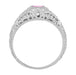Art Deco Low Dome Engraved Filigree Pink Sapphire Engagement Ring with Side Diamonds in White Gold