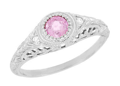 Art Deco Low Dome Filigree Vintage Pink Sapphire Engagement Ring with Side Diamonds in White Gold - 18K or 14K - Bezel Setting - R138PS