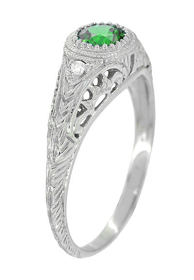 Art Deco Engraved Tsavorite Garnet and Diamond Filigree Engagement Ring in White Gold - Item: R138TS - Image: 3
