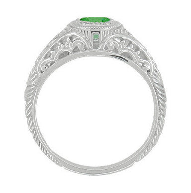 Art Deco Engraved Tsavorite Garnet and Diamond Filigree Engagement Ring in White Gold - alternate view