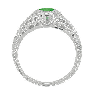 Art Deco Engraved Tsavorite Garnet and Diamond Filigree Engagement Ring in White Gold - Item: R138TS - Image: 2