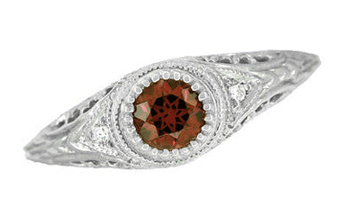 Art Deco Engraved Almandite Garnet and Diamond Filigree Engagement Ring in White Gold - 14K or 18K - alternate view