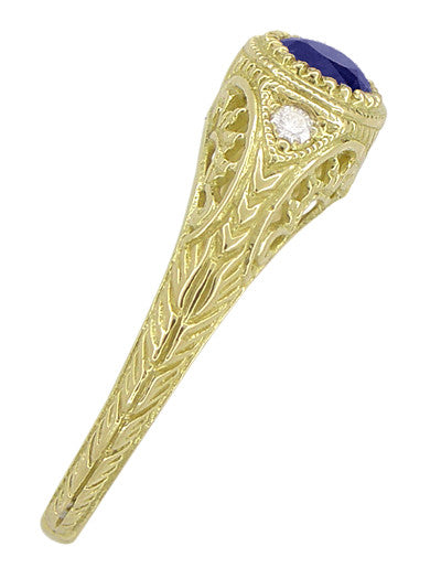 Art Deco Low Dome Yellow Gold Sapphire Filigree Engagement Ring with Side Diamonds - Item: R138Y14 - Image: 4