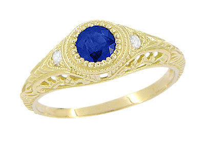 Art Deco Low Dome Yellow Gold Sapphire Filigree Engagement Ring with Side Diamonds