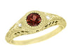 Yellow Gold Art Deco Engraved Almandite Garnet Filigree Engagement Ring With Side Diamonds