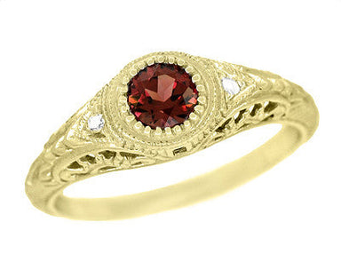 Yellow Gold Art Deco Engraved Almandite Garnet Filigree Engagement Ring With Side Diamonds