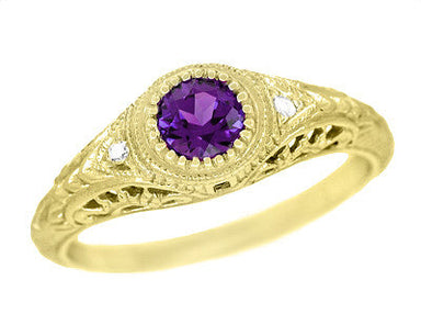 1920's Art Deco Filigree Yellow Gold Vintage Engraved Amethyst Engagement Ring with Side Diamonds | Low Profile