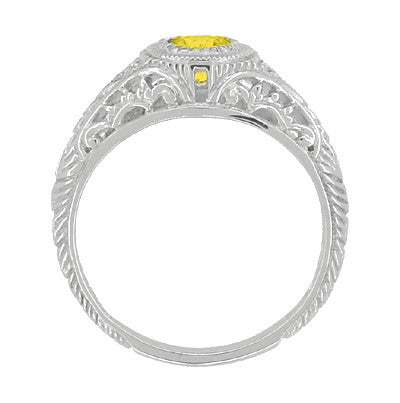 Filigree Art Deco Low Dome Yellow Sapphire Engagement Ring with Side Diamonds in White Gold - Item: R138YES - Image: 3