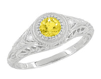 Filigree Art Deco Low Dome Yellow Sapphire Engagement Ring with Side Diamonds in White Gold
