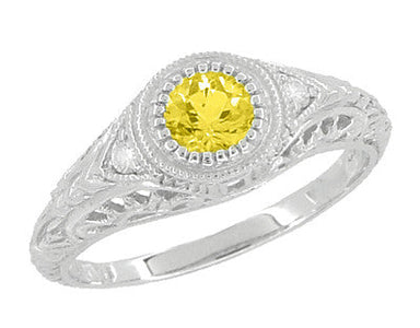 Filigree Art Deco Low Dome Vintage Yellow Sapphire Engagement Ring with Side Diamonds in White Gold - 14K or 18K R138YES