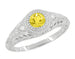 Filigree Art Deco Low Dome Yellow Sapphire Engagement Ring with Side Diamonds in White Gold