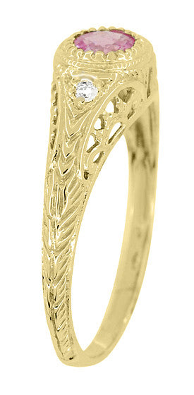 Yellow Gold Art Deco Engraved Pink Sapphire and Diamond Filigree Engagement Ring - 14K or 18K - alternate view