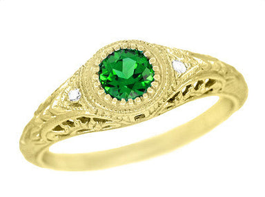 Art Deco Engraved Yellow Gold Tsavorite Garnet Filigree Engagement Ring with Side Diamonds