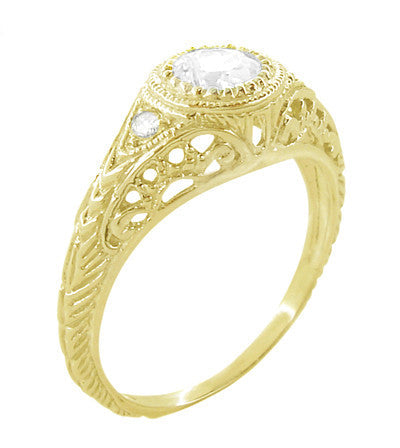 Yellow Gold Art Deco Filigree White Sapphire Engagement Ring - Low Profile Design - Item: R138YWS14 - Image: 2