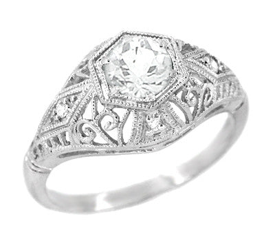 Scroll Dome Filigree 1/2 Carat Edwardian Diamond Engagement Ring in Platinum