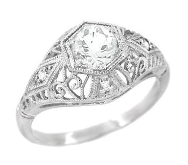 Scroll Dome Filigree 1/2 Carat Edwardian Diamond Engagement Ring in Platinum