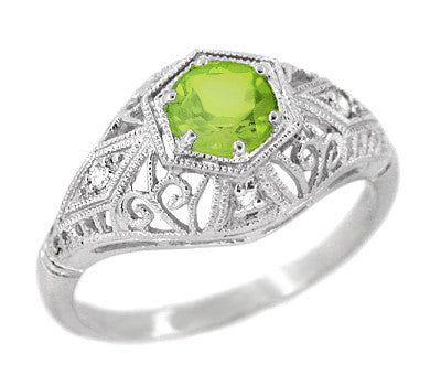 Peridot and Diamonds Filigree Scroll Dome Edwardian Engagement Ring in 14 Karat White Gold