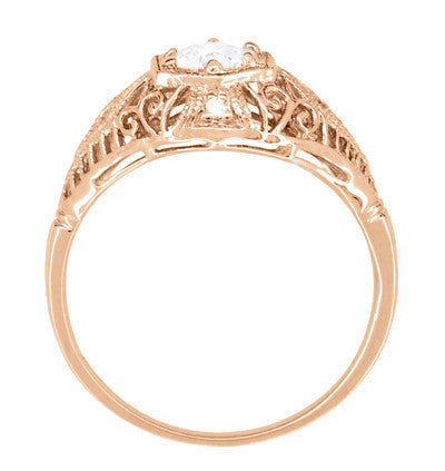 White Sapphire Filigree Scroll Dome Edwardian Engagement Ring in 14 Karat Rose Gold - Item: R139RWS - Image: 4