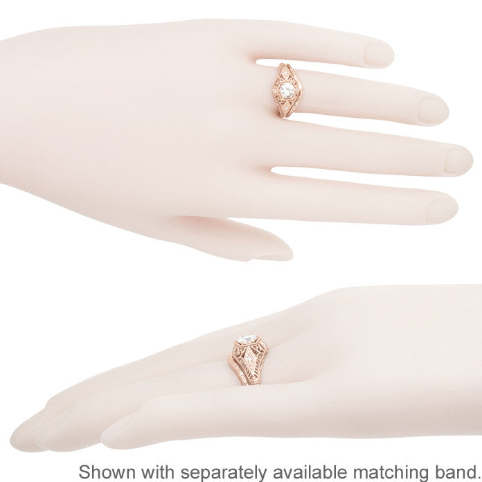White Sapphire Filigree Scroll Dome Edwardian Engagement Ring in 14 Karat Rose Gold - Item: R139RWS - Image: 6