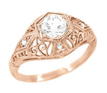 White Sapphire Filigree Scroll Dome Edwardian Engagement Ring in 14 Karat Rose Gold