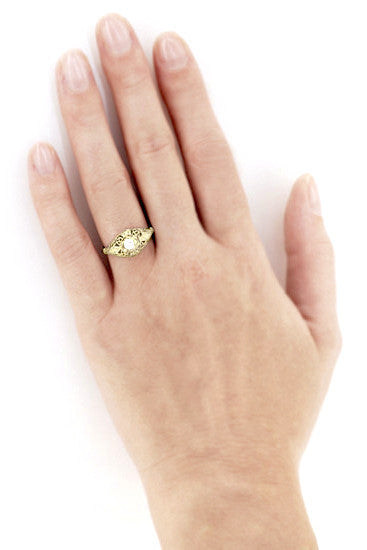 Antique Style White Sapphire Scroll Dome Filigree Edwardian Engagement Ring in 14 Karat Yellow Gold - Item: R139YWS - Image: 5
