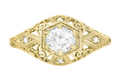 Antique Style White Sapphire Scroll Dome Filigree Edwardian Engagement Ring in 14 Karat Yellow Gold - Item: R139YWS - Image: 2