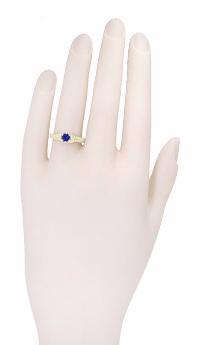 Hand R149 Art Deco Yellow Gold Sapphire and Diamond Filigree Engraved Engagement Ring