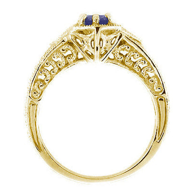 Art Deco Yellow Gold Sapphire and Diamond Filigree Engraved Engagement Ring - alternate view