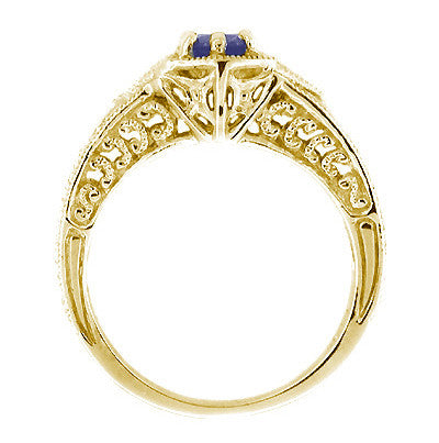 Side Filigree Art Deco Yellow Gold Sapphire and Diamond Engagement Ring - Hand Engraved - R149Y