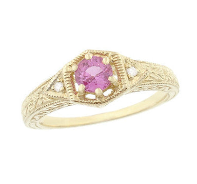 Art Deco Yellow Gold Pink Sapphire and Diamond Filigree Engraved Hexagon Engagement Ring