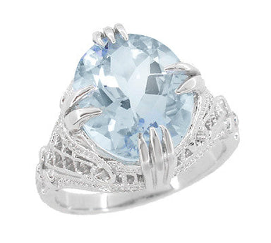 Art Deco Filigree Oval Aquamarine Ring in 14 Karat White Gold | 3.5 Carats - alternate view