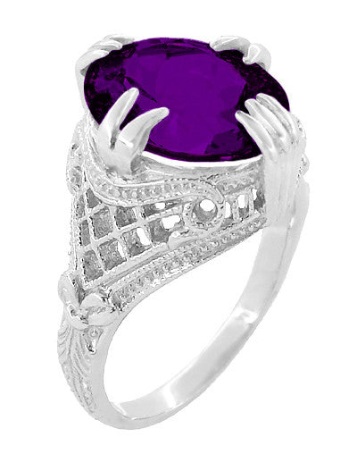 Large Oval Amethyst Art Deco Filigree Ring in 14 Karat White Gold - Item: R157AM - Image: 3